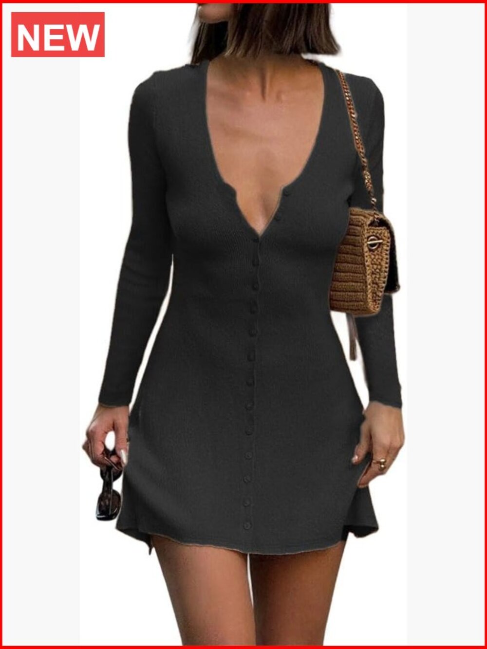 Deep V Neck Button Front Knit Mini Dress Long Sleeve Ribbed A-Line Bodycon